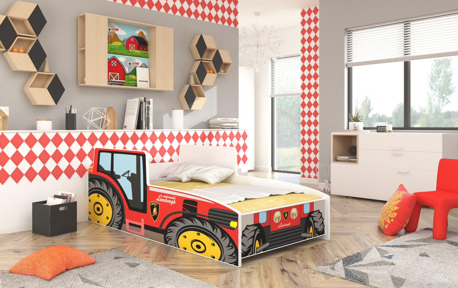 Dětská postel ve tvaru traktoru, postel s matrací a roštem, spací plocha 160 x 80 cm