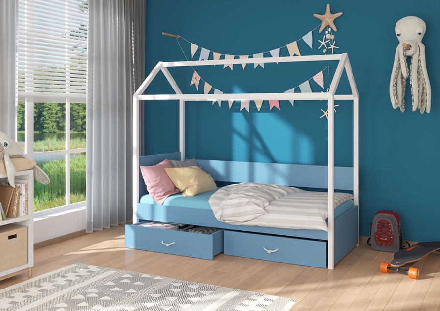 Bílo-modrá postel s úložným prostorem