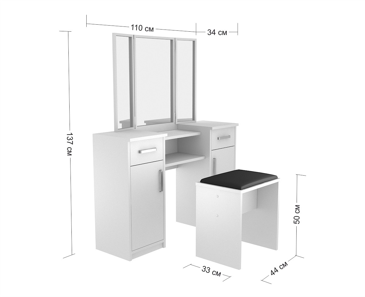 Rozmery bieleho toaletného stolíka a taburetu, zostava toaletného stolíka