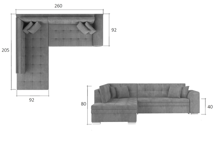 Rozměry rozkládací sedačky rohové s úložným prostorem.