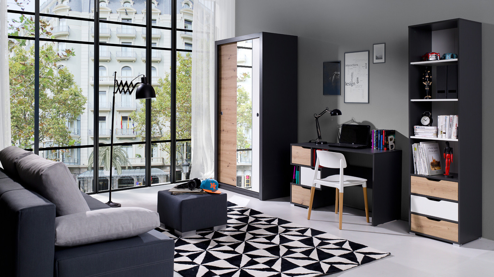 moderní obývací pokoj se skříní - grafitově šedá/bílá/dub artisan