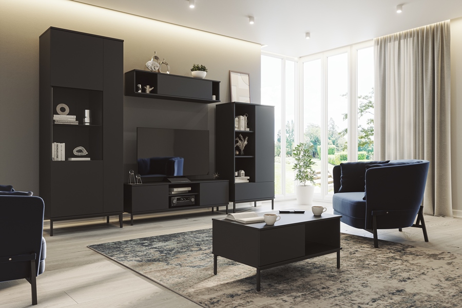Obývací pokoj vybaven kolekcí nábytku Twity v černé barvě