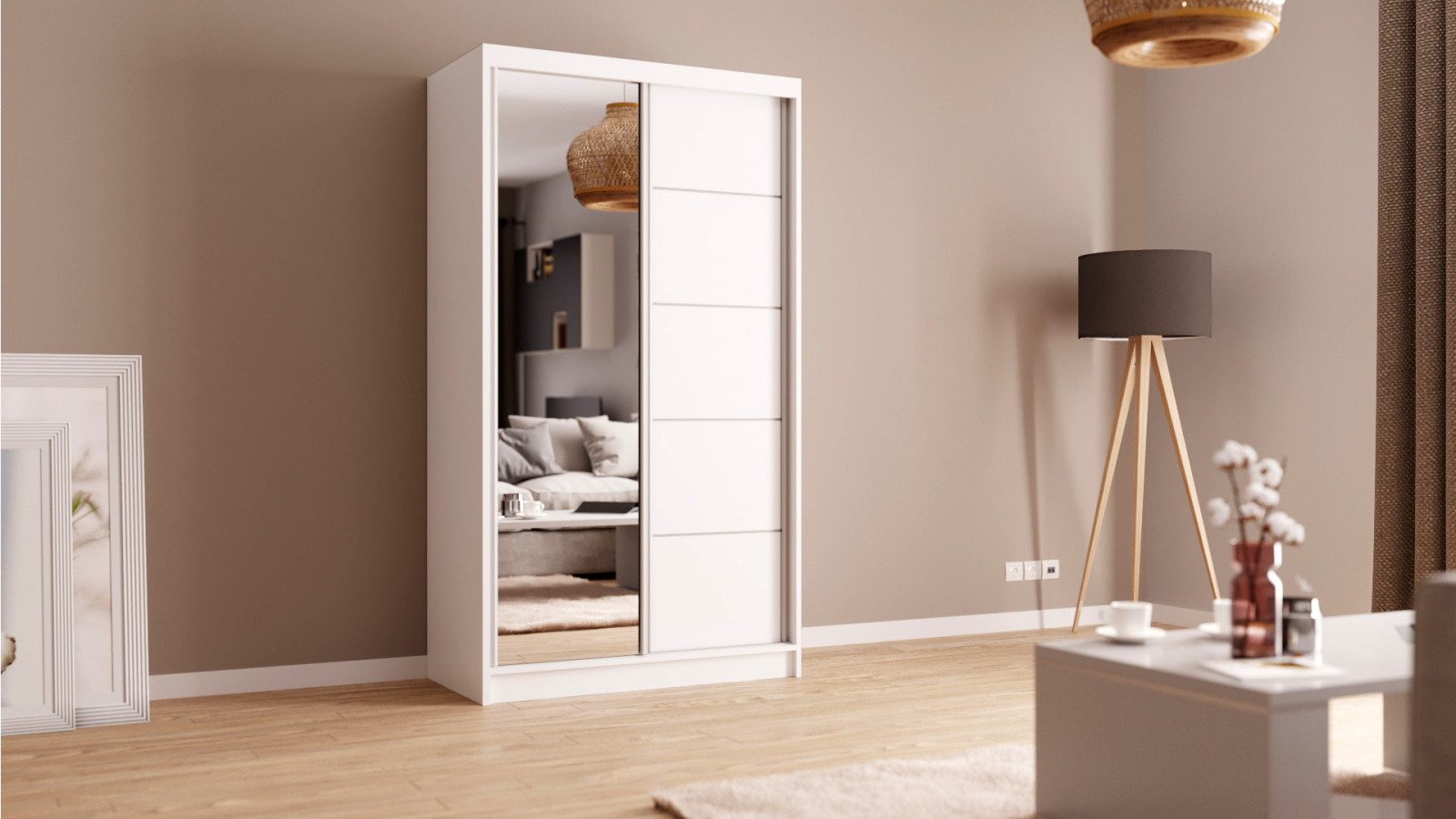 bílá skříň se zrcadlem 120 cm, posuvné dveře