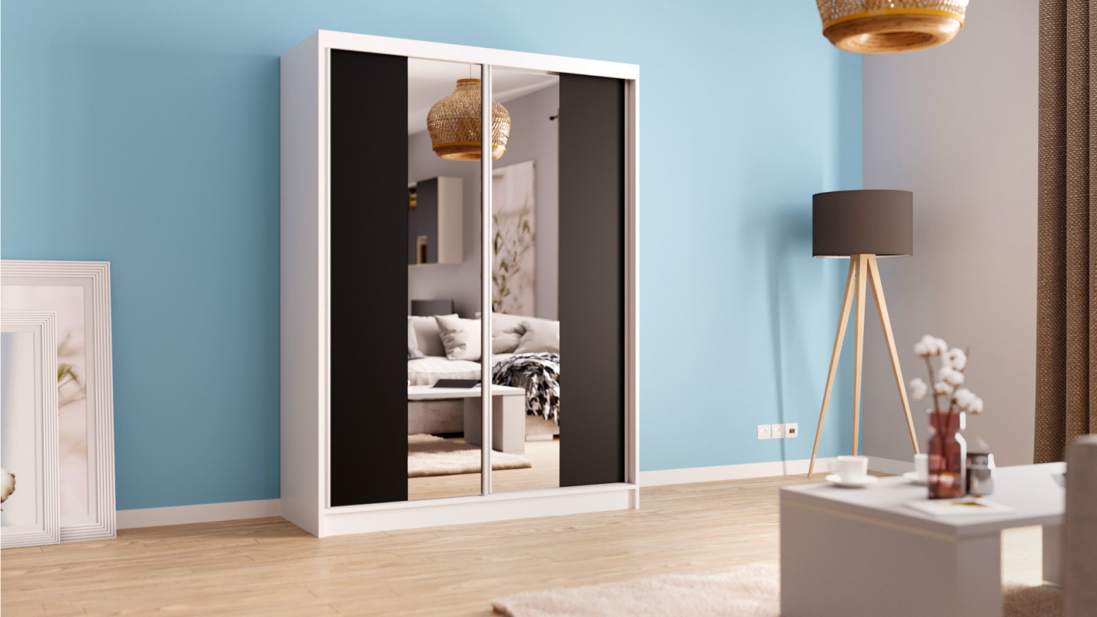 levné šatní skříně, černo-bílá zrcadlová skříň 160 cm
