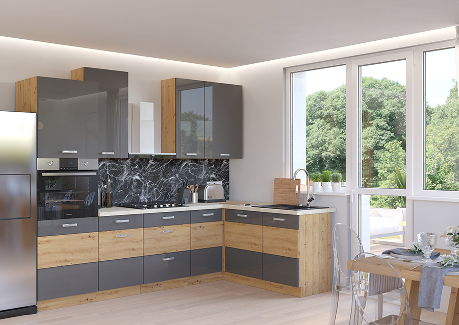 kuchyně šedá lesklá, lesklá kuchyně, kuchyně v kombinaci s dřevem, kuchyně rohová 260 x 160 cm