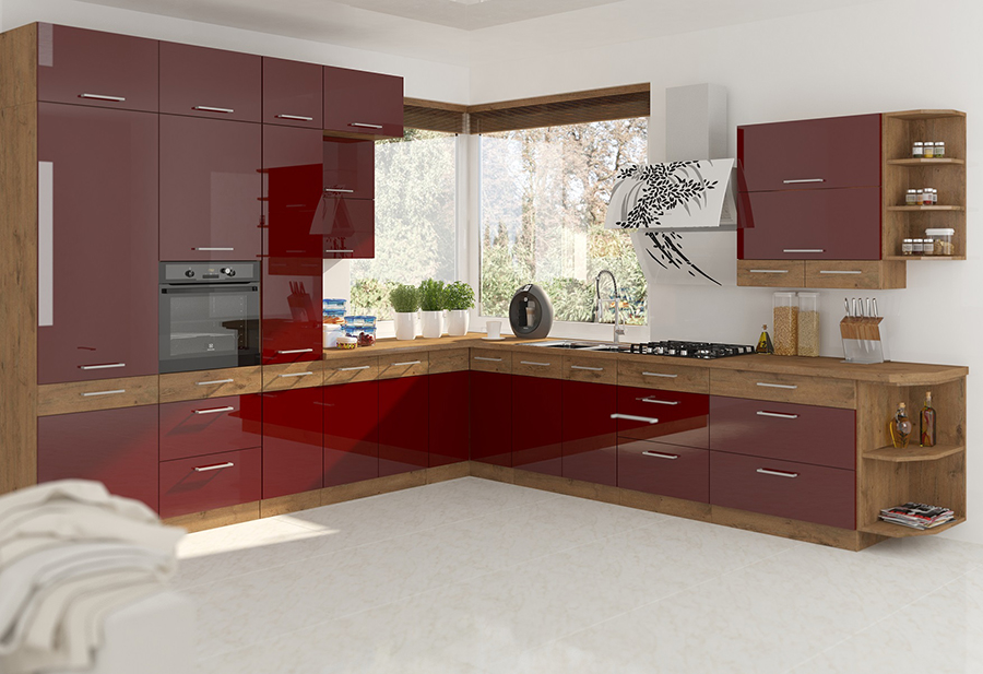 kuchyně bordo lesklá, lesklá kuchyně, kuchyně v kombinaci s dřevem, kuchyně rohová 330 x 340 cm