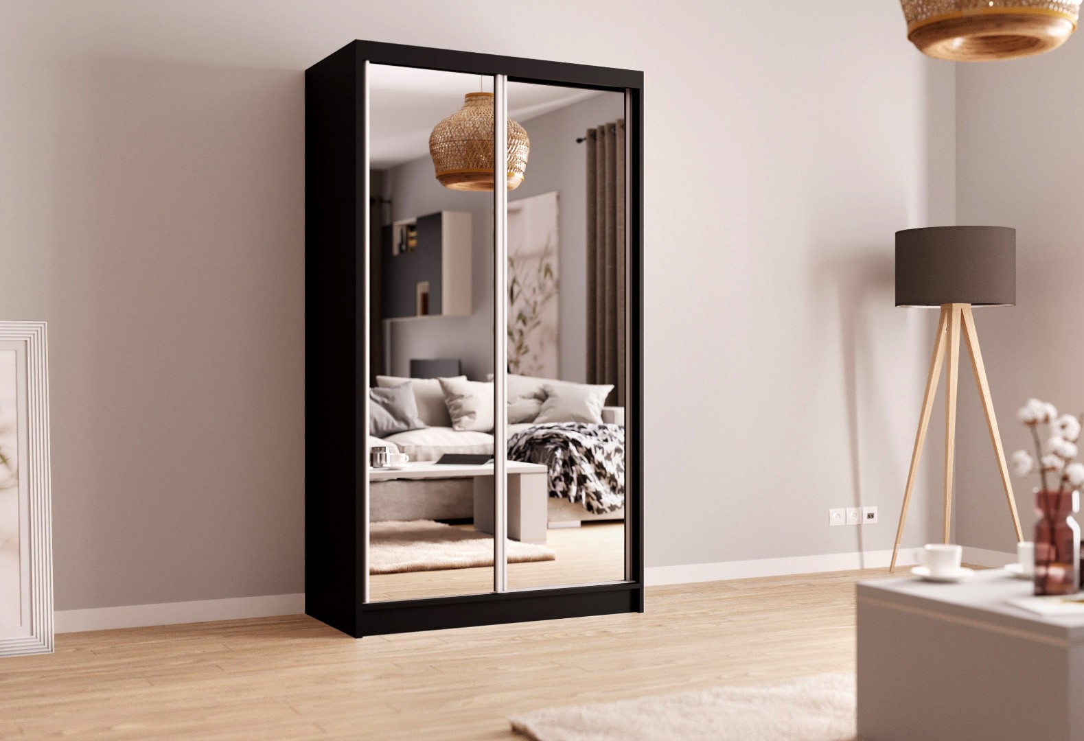 Černá šatní skříň se zrcadlem Melin 120 cm
