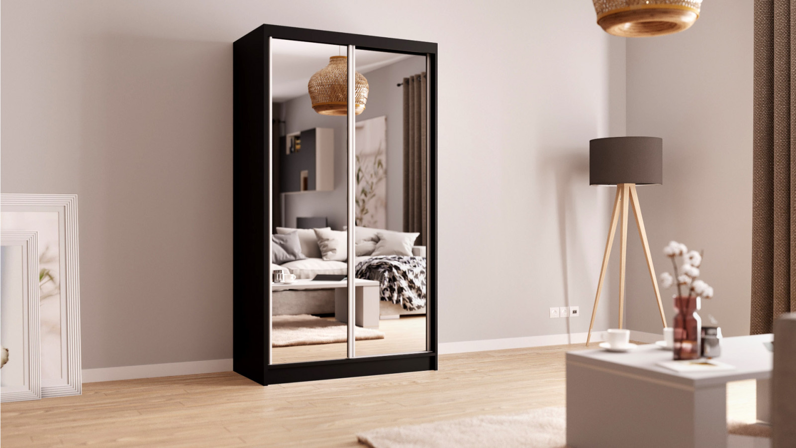 Černá šatní skříň se zrcadlem Melin 120 cm