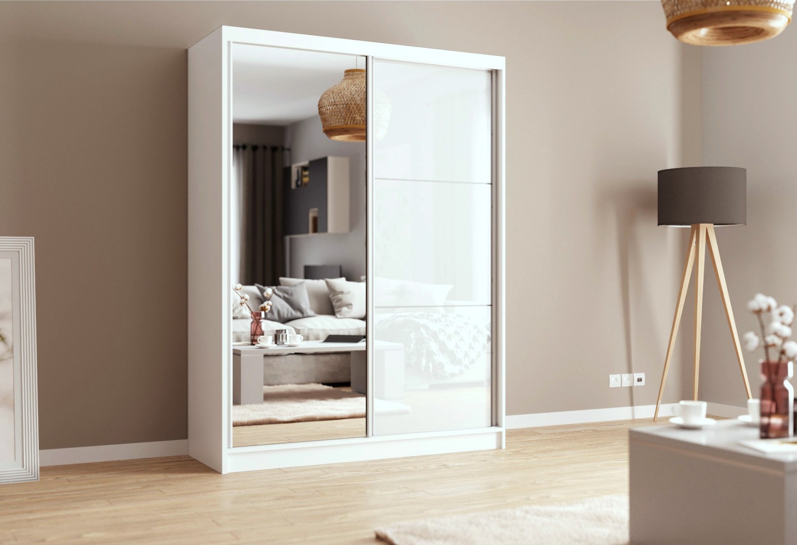 Bílá šatní skříň se zrcadlem Phani 160 cm